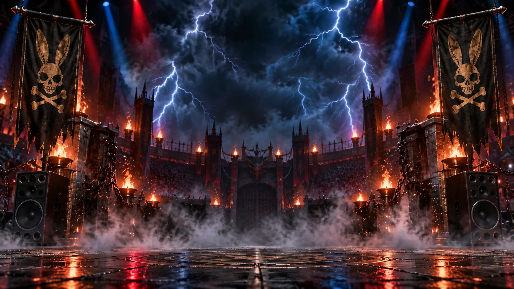 Full stage: lightning, fire, speakers and bunny banners.
